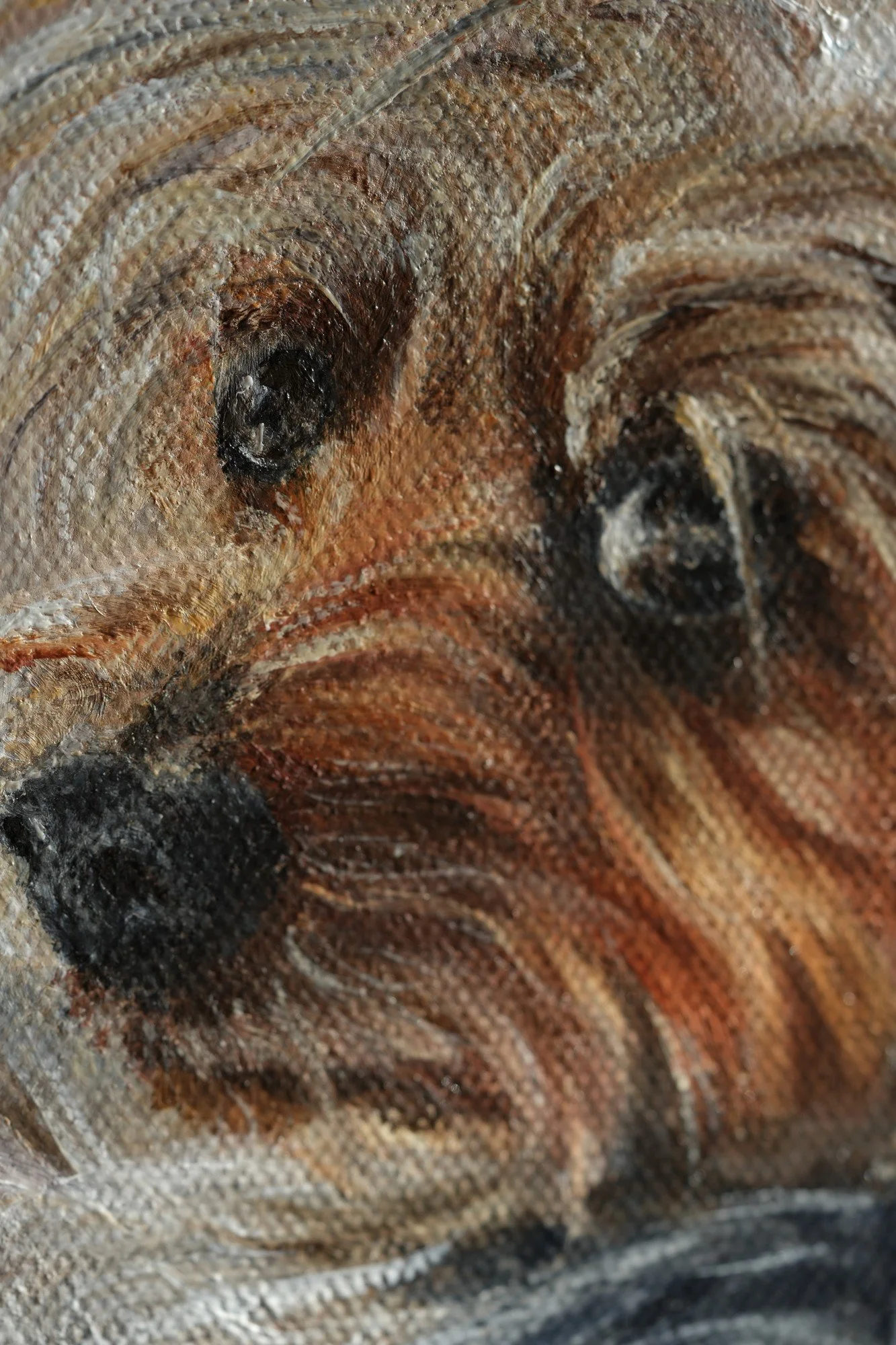 Close-up detail of an Australian Silky Terrier's face in an oil painting, showing brushwork on the eyes and nose