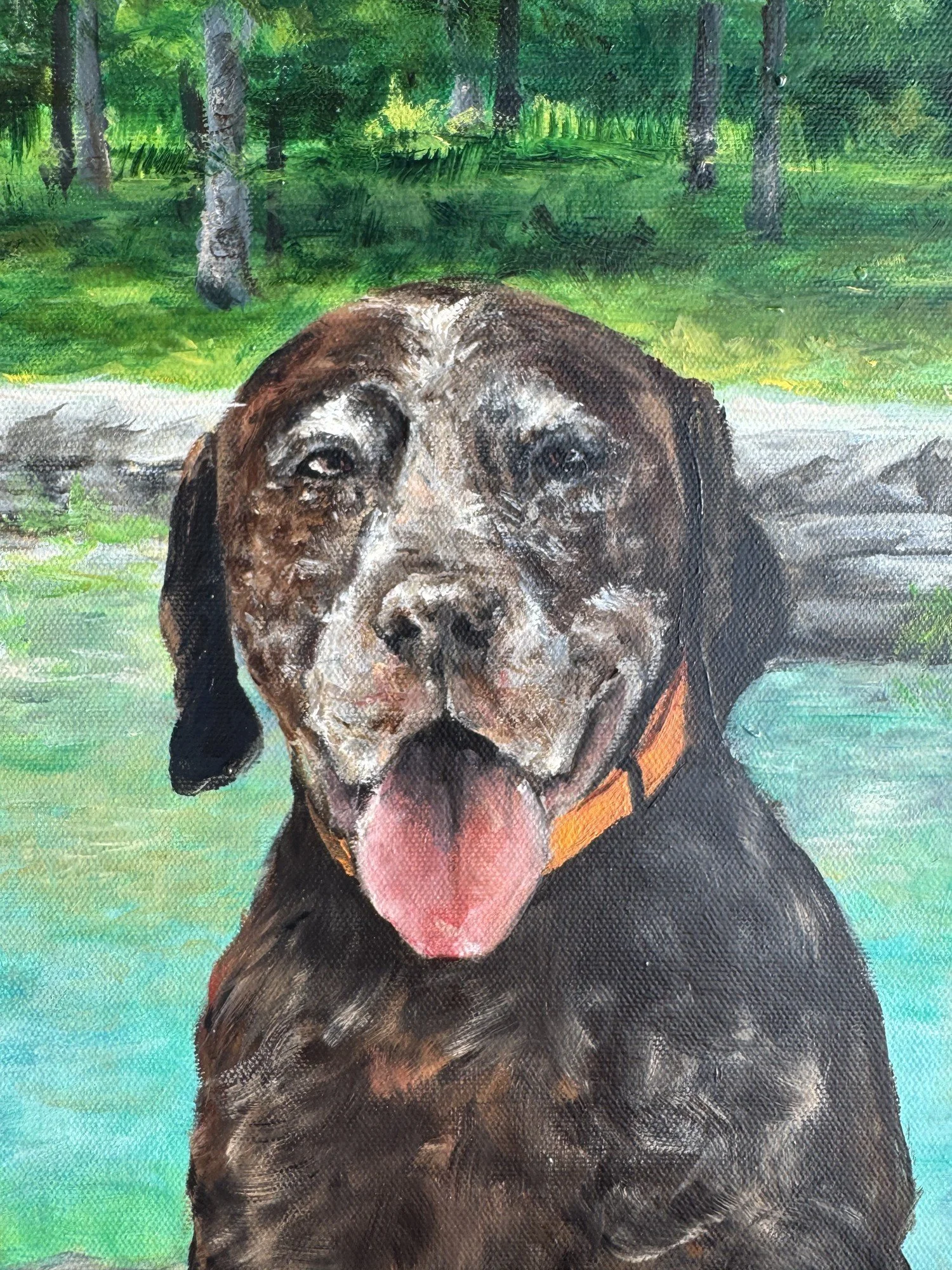 Close-up detail of a chocolate Labrador's face in an oil painting, showing greying muzzle and tongue out