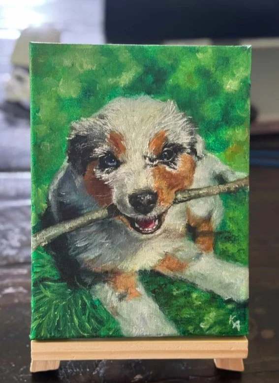 australian shepherd oil painting with an easel custom artwork puppy painting