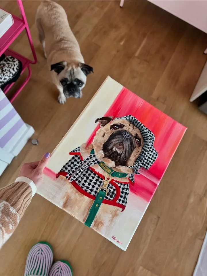 Pug with his portrait dog oil painting