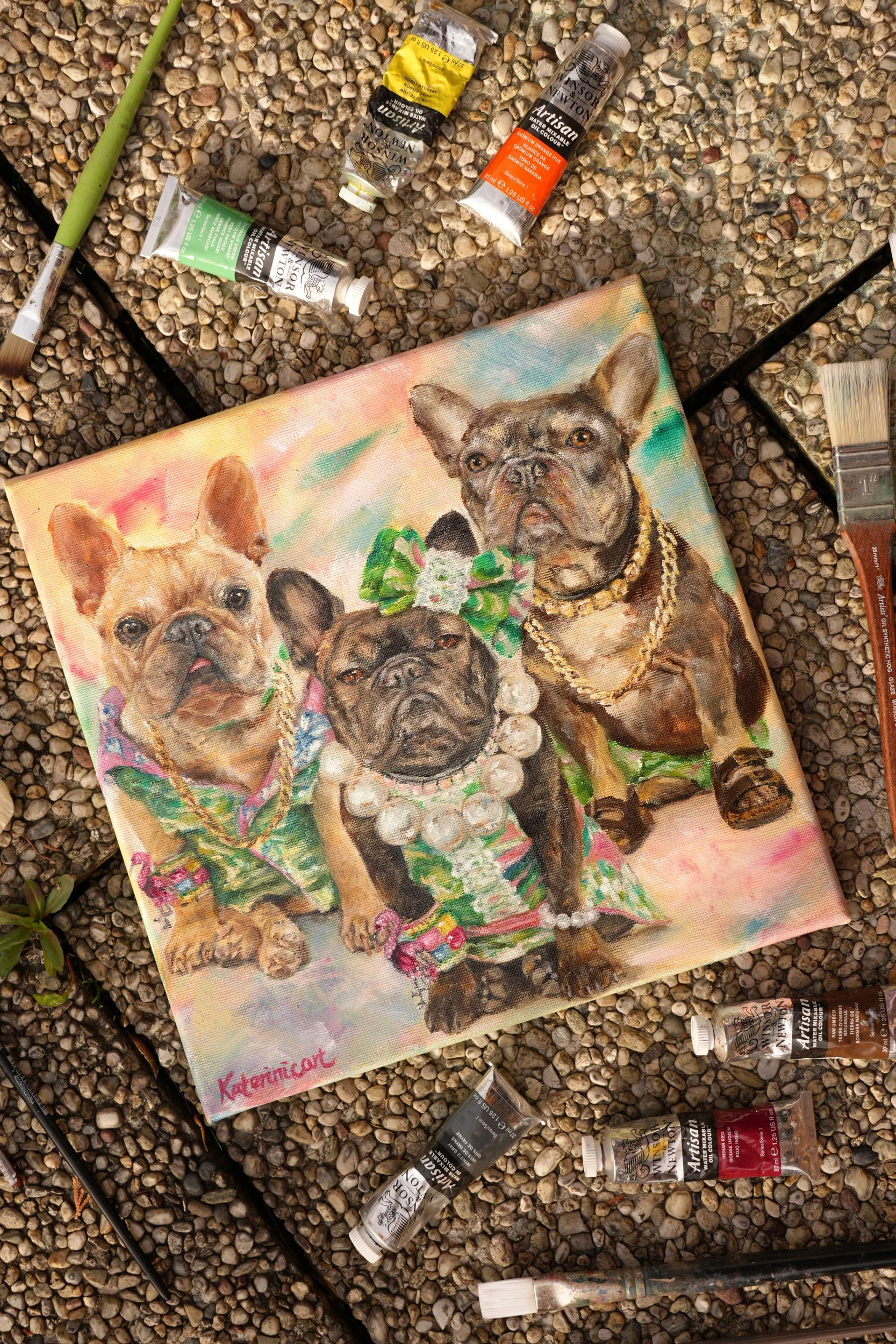 oil portrait of French bulldogs art