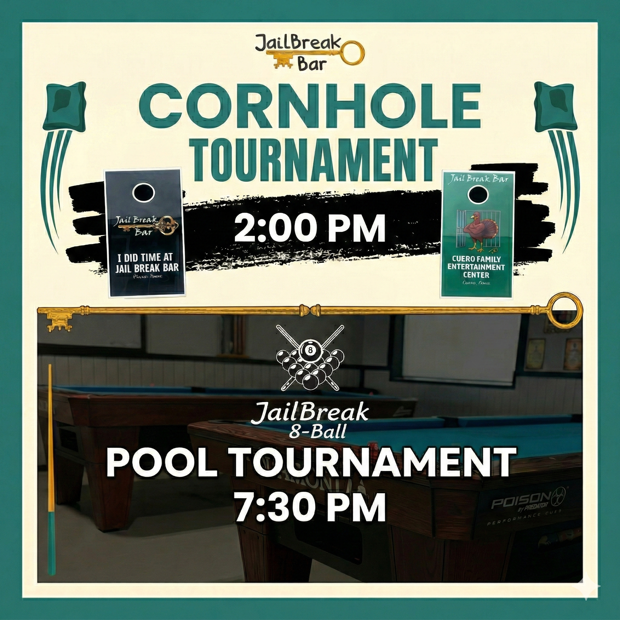 Cornhole Tournament 2 PM | Pool Tournament 7:30 PM