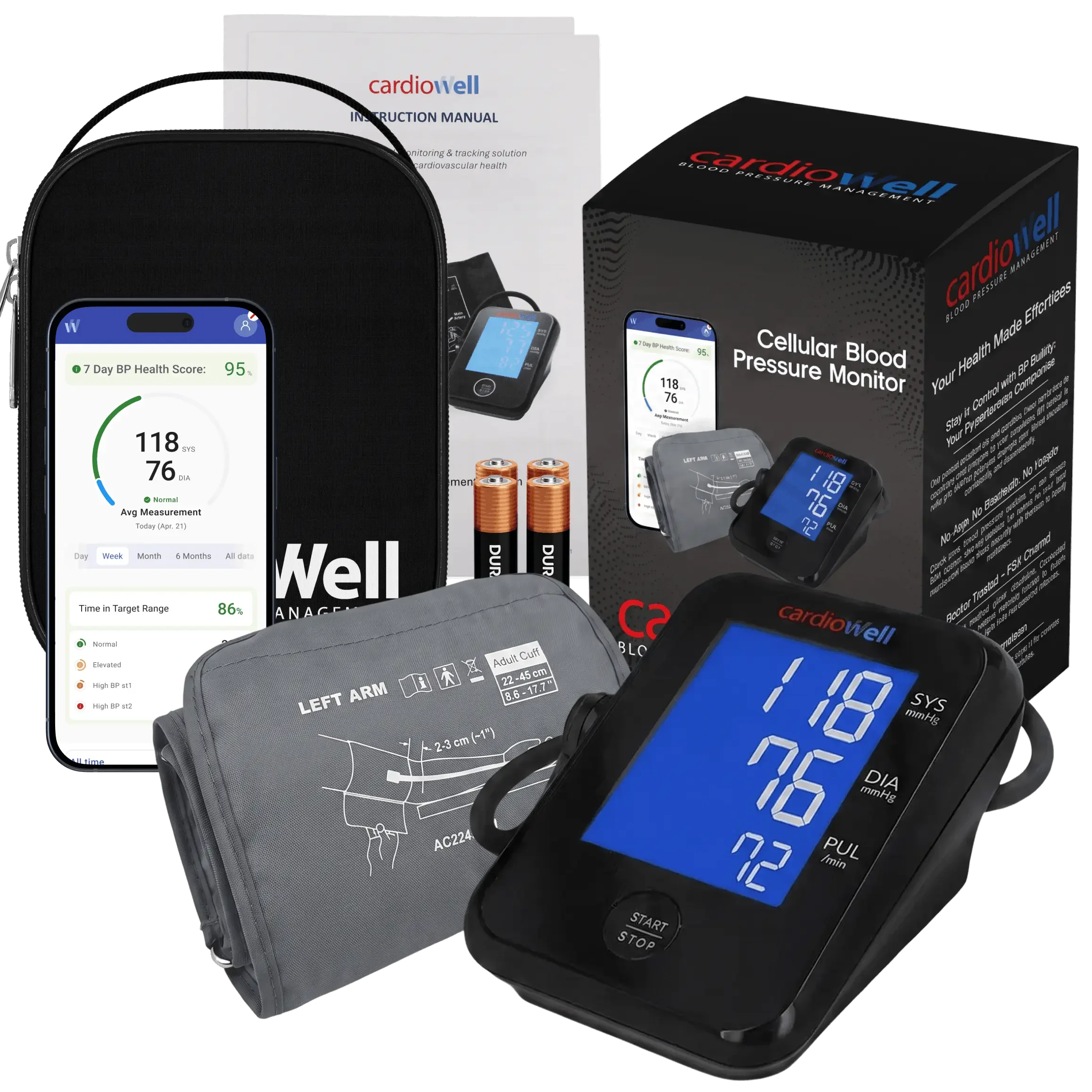 Box, cover, manual, Blood pressure device, cuff and Cardiowell App