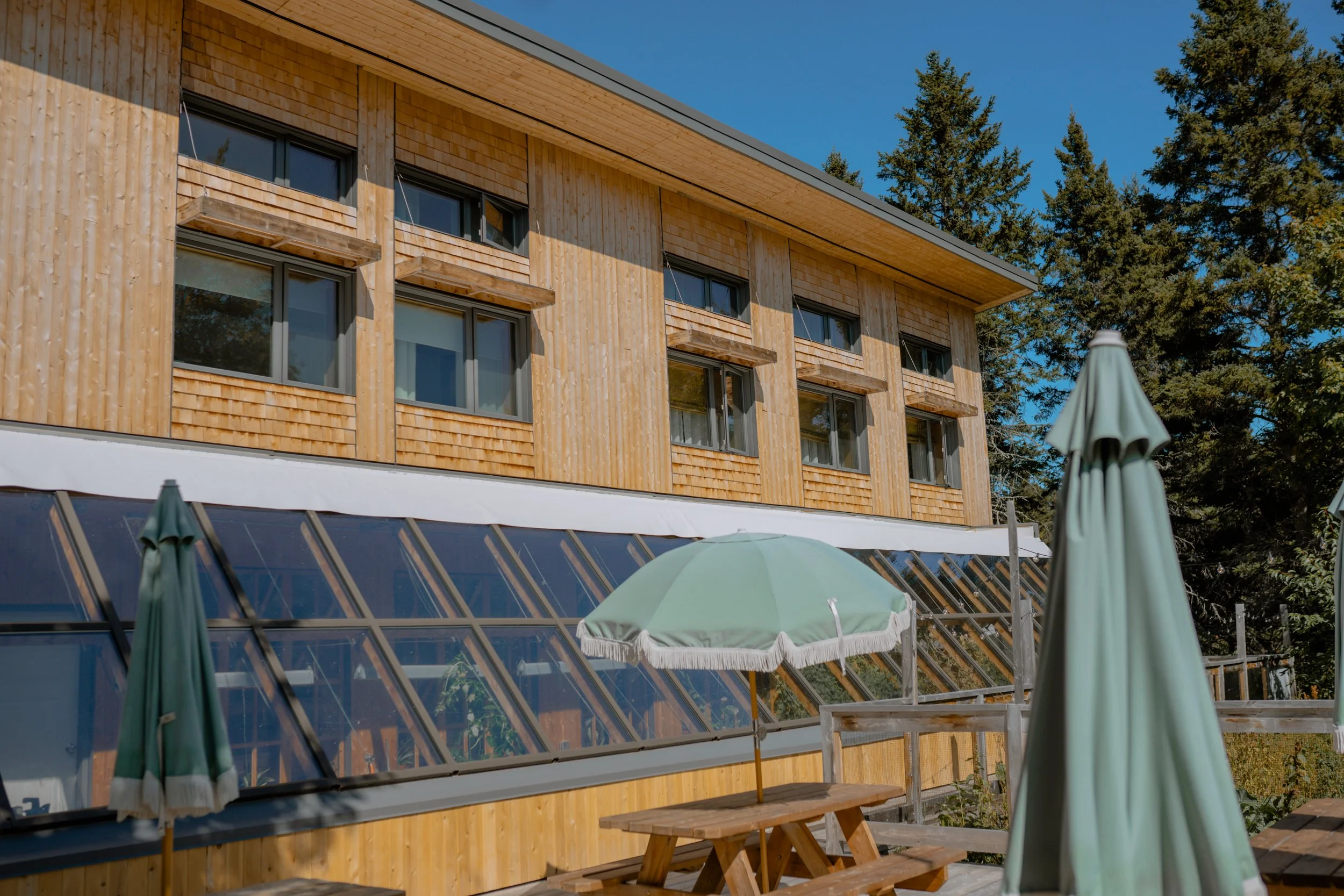 Façade en bois d’un bâtiment avec fenêtres, parasols verts et terrasse en bois sous un ciel bleu.