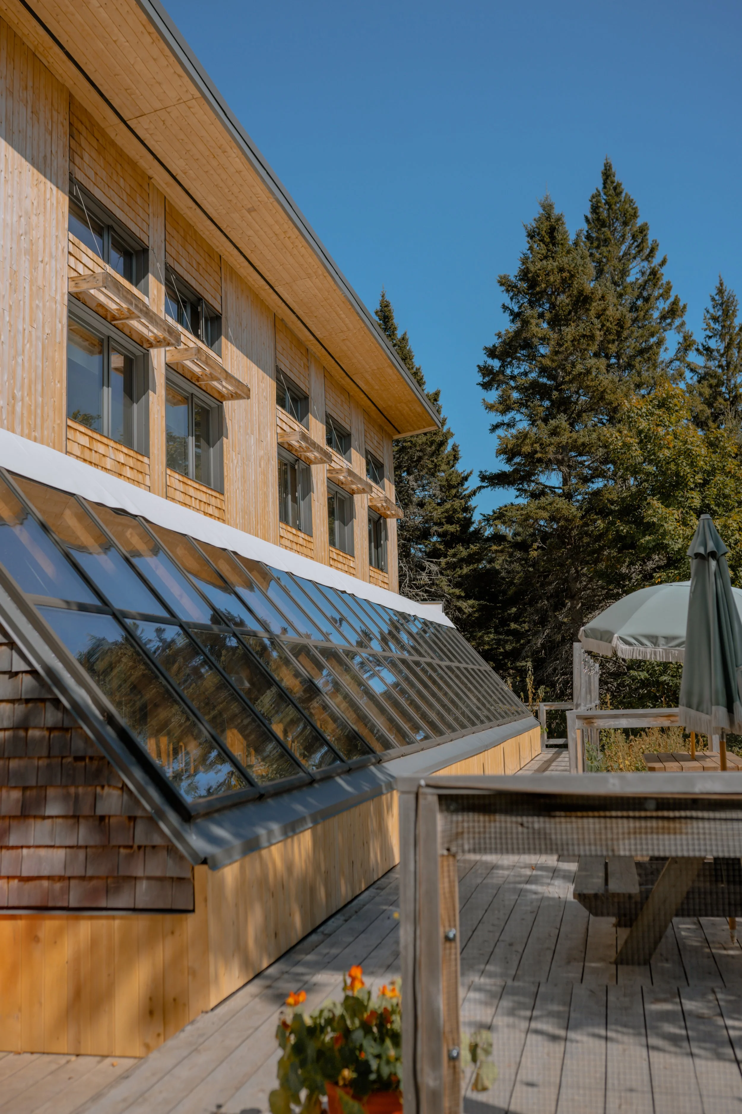 Un bâtiment en bois avec de grandes fenêtres et un toit en verre, entouré d'arbres et sous un ciel bleu.