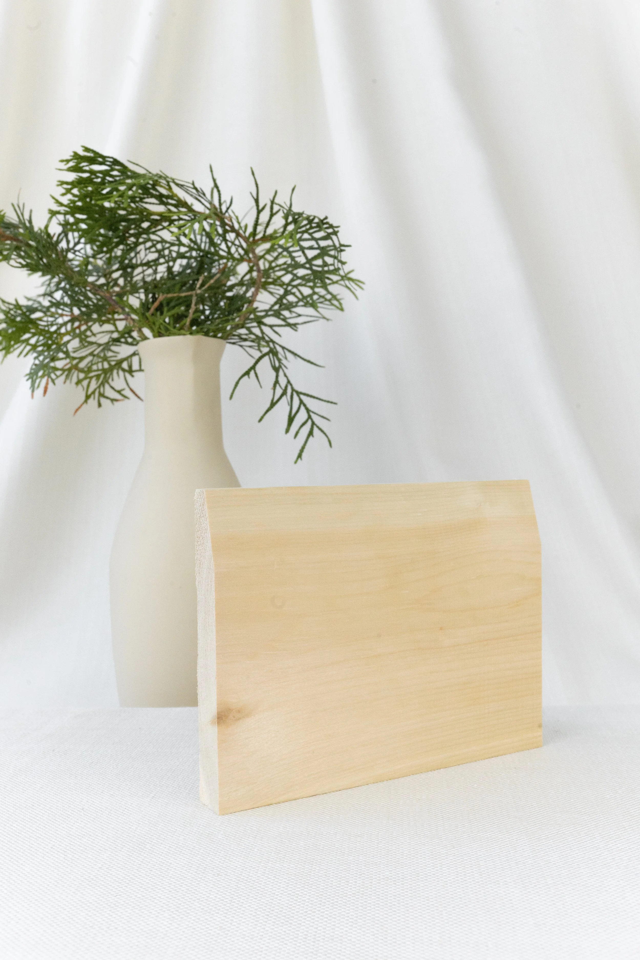 Une toile de bois claire, un vase blanc avec des branches vertes, toile blanche en arrière-plan