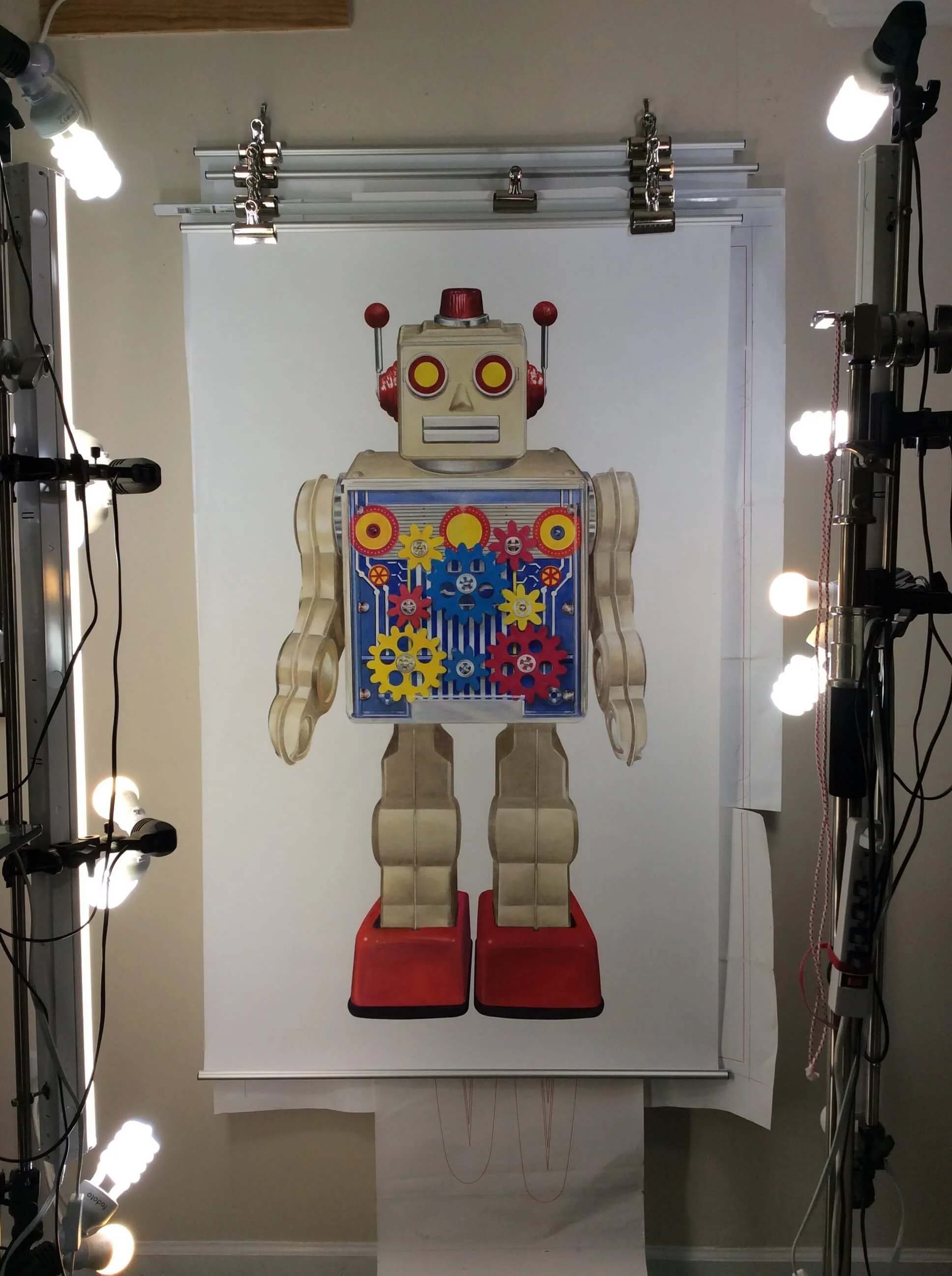 Vintage Metal House Gold Gear Robot - No.6 | Original Pop-Realism Drawing by Mike Pitzer