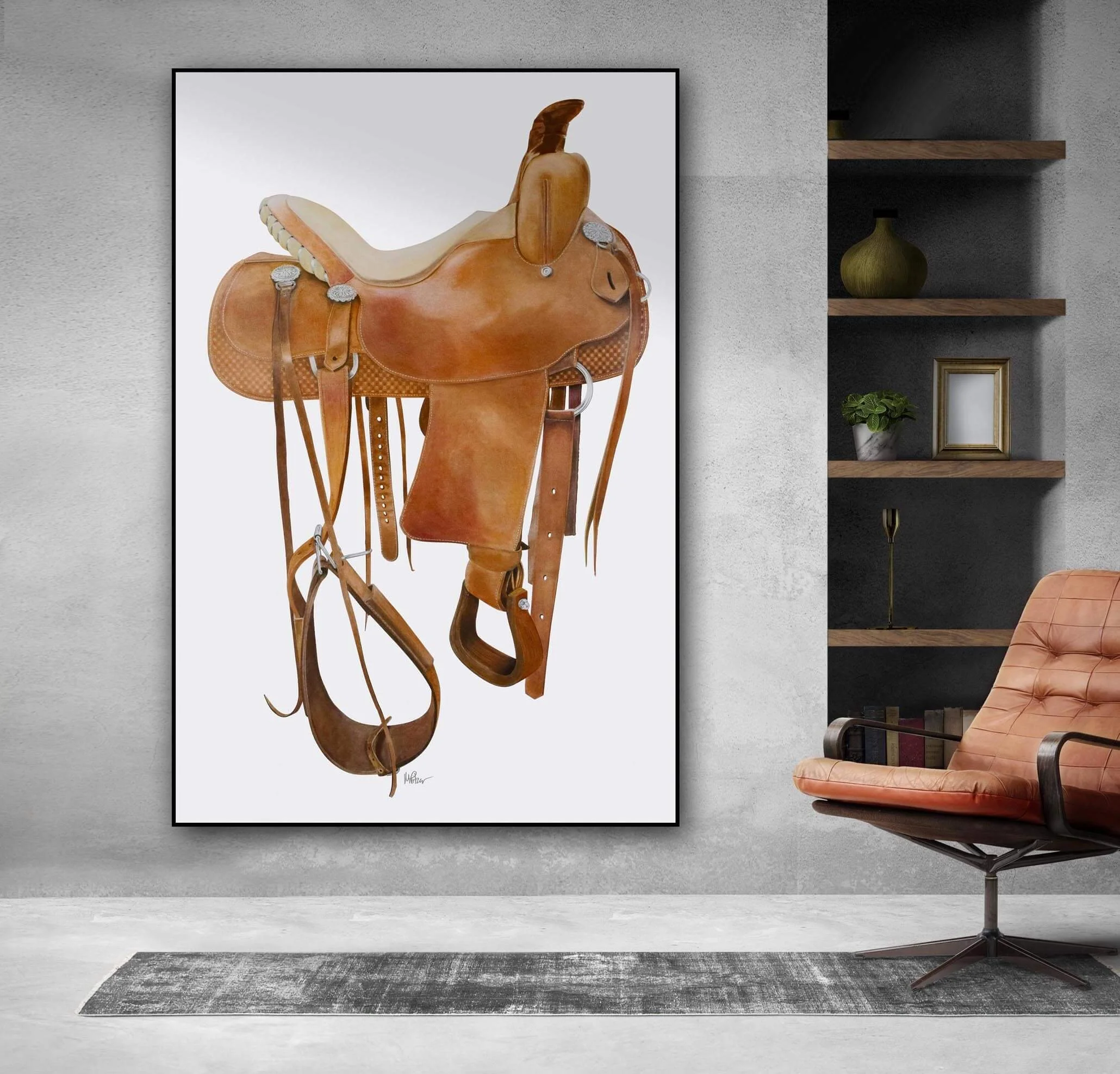 Vintage Cactus Will James Ranch Saddle | Original Pop-Realism Drawing by Mike Pitzer