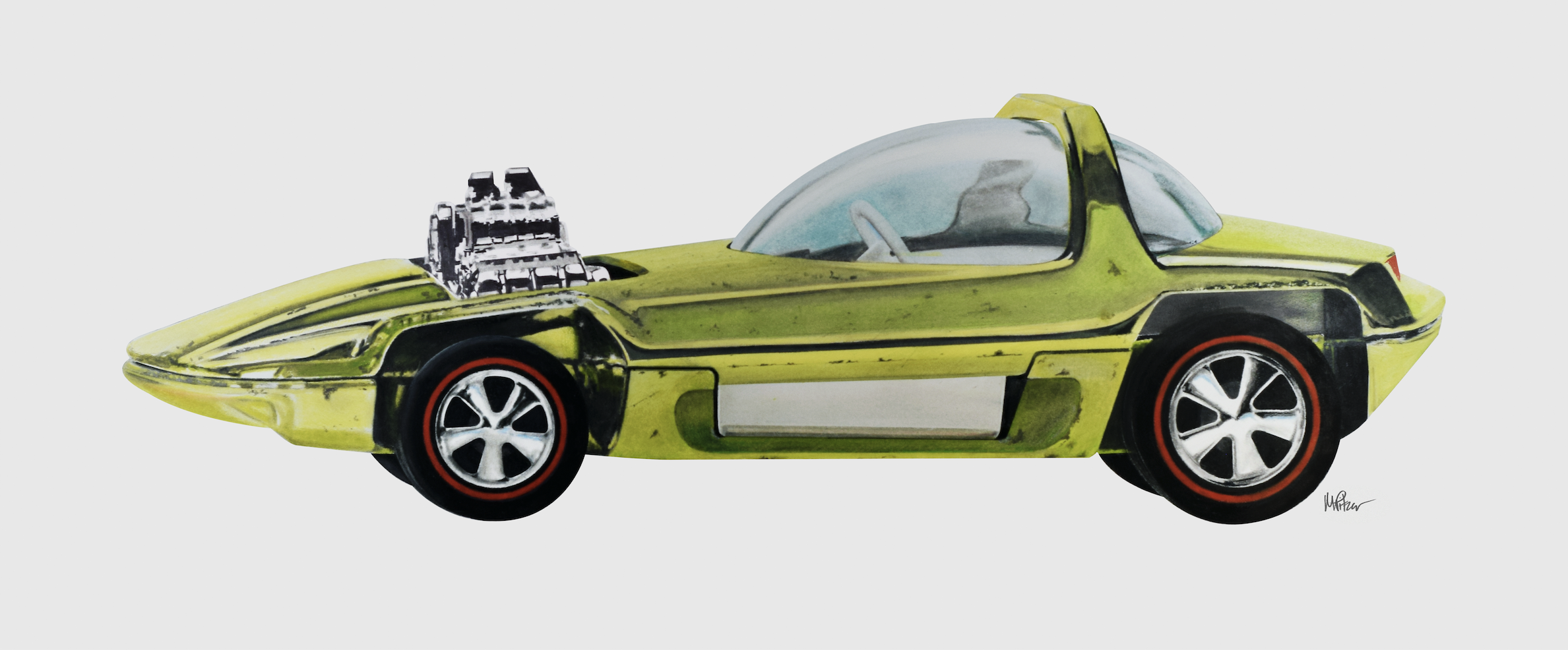 1960s Antifreeze Green Silhouette, 48x20 Pop-Realism drawing, in graphite & colored pencils by Mike Pitzer, 2026.