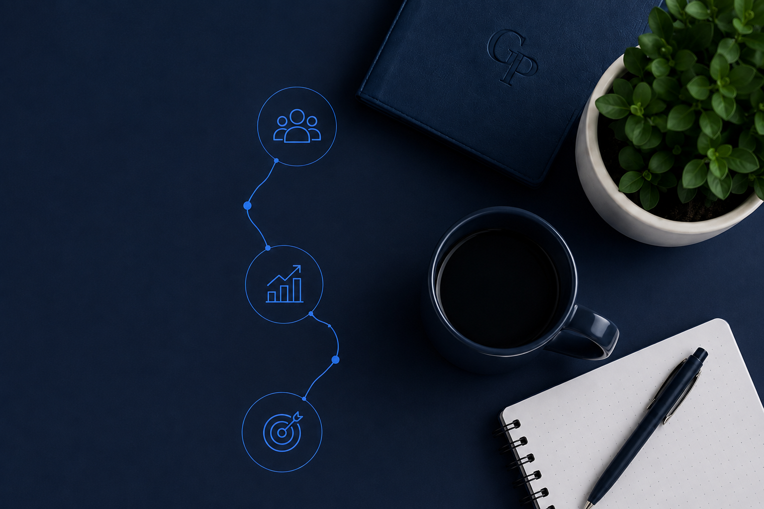 A dark blue desk with a closed navy blue notebook, a potted green plant, a coffee mug filled with black coffee, a white dotted notebook, and a black pen. An overlay of a digital flowchart with icons of people, a bar chart, and a target is visible on the desk.