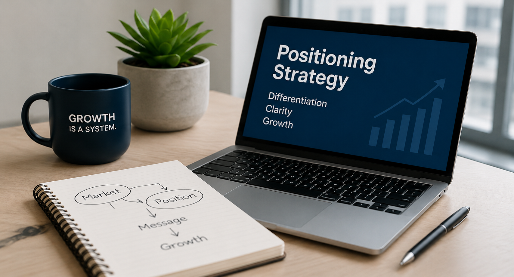 Work desk with a notebook showing a diagram of market, position, message, and growth; a laptop displaying a presentation on positioning strategy; a black mug with the text 'Growth is a system'; a potted succulent plant; and a pen.