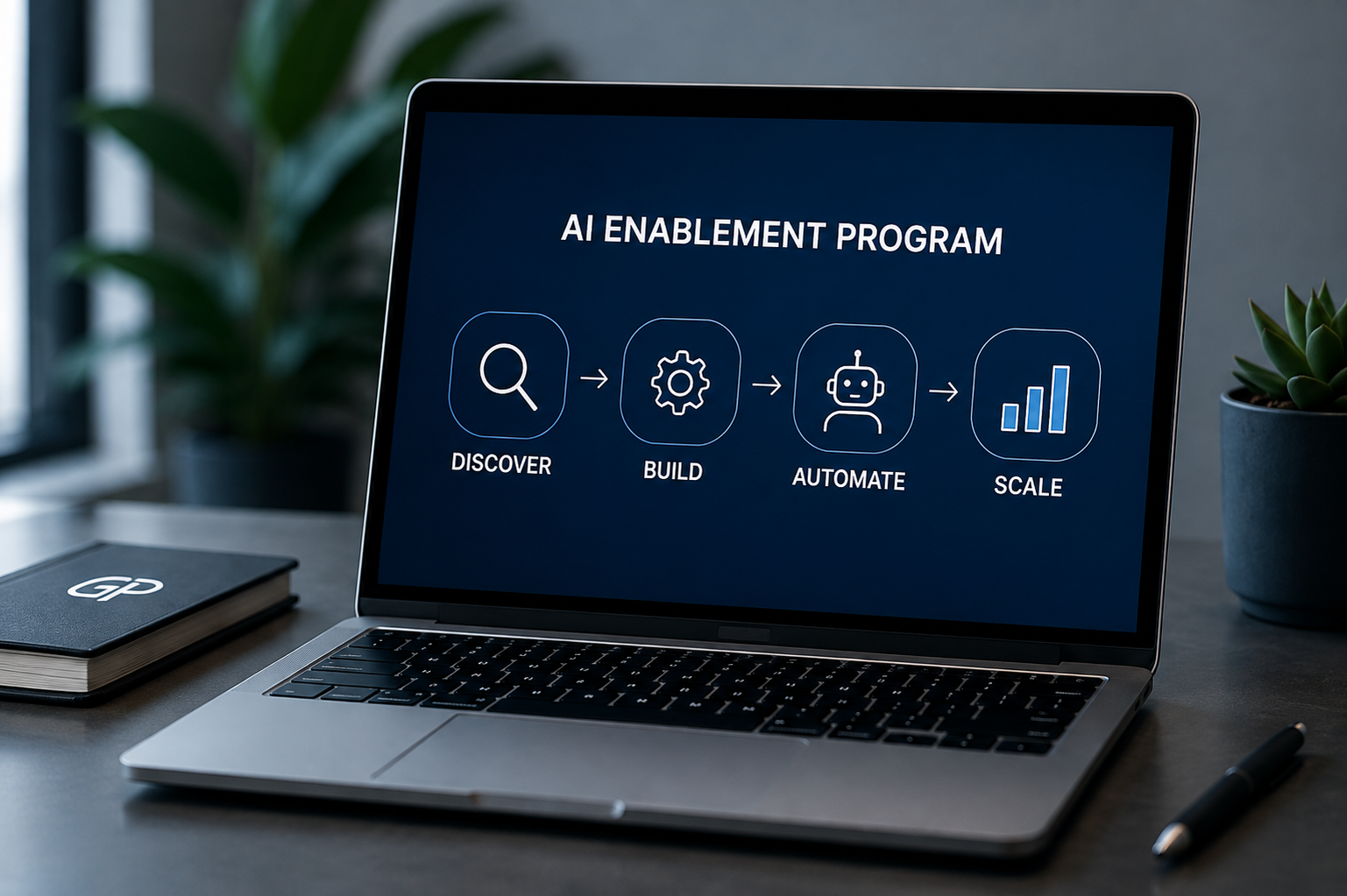 Laptop displaying a diagram of an AI enablement program with steps: Discover, Build, Automate, Scale. The workspace includes a notebook, pen, and potted plant.