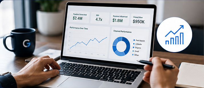 Person analyzing digital marketing data on laptop, with performance graphs, pie chart, and financial metrics, on a wooden desk with a Google mug and potted plant.