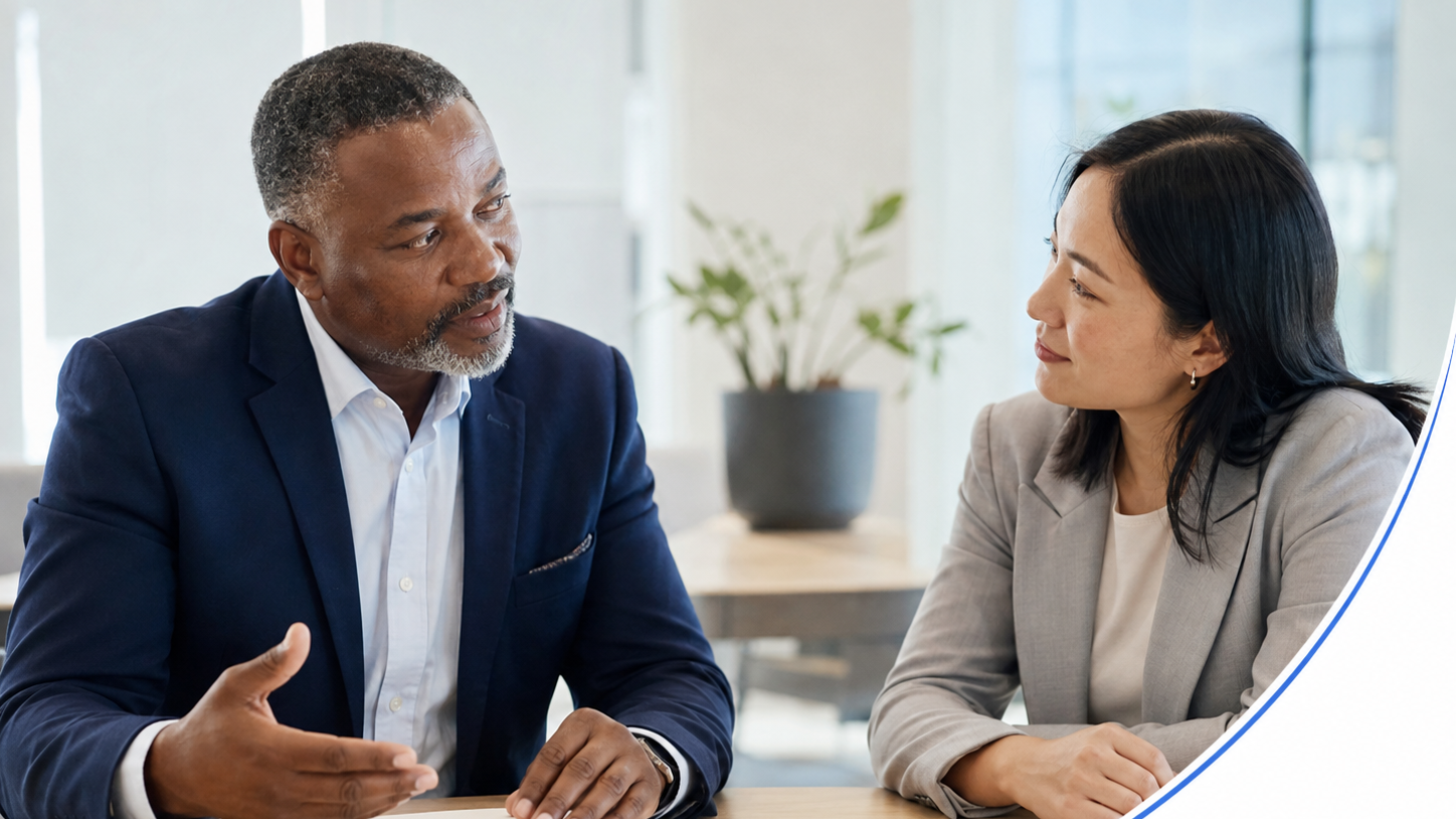 Two people having a conversation at a desk in an office setting, with a plant in the background.