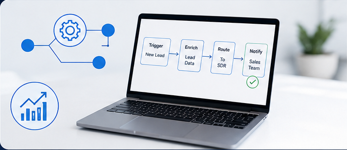 Laptop displaying a flowchart about lead data process, surrounded by digital icons of a gear and a bar chart with upward trend.