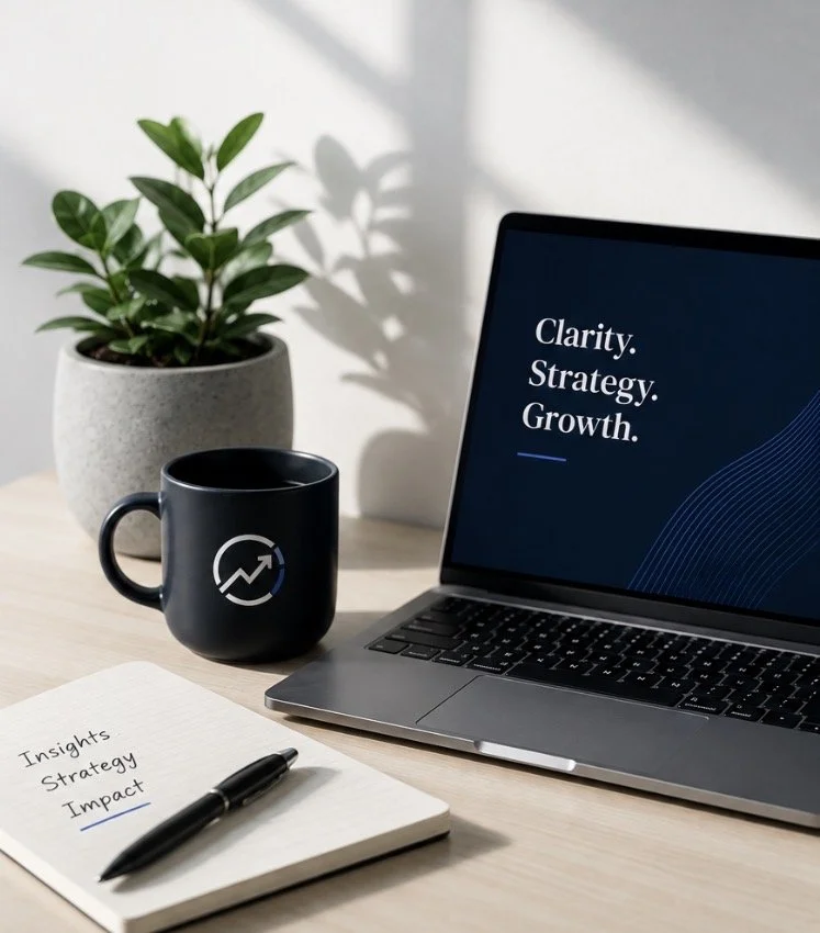 A workspace with a laptop displaying the words 'Clarity. Strategy. Growth.', a black coffee mug with a growth chart icon, a potted plant, and a notebook with a pen, all on a light wooden desk.