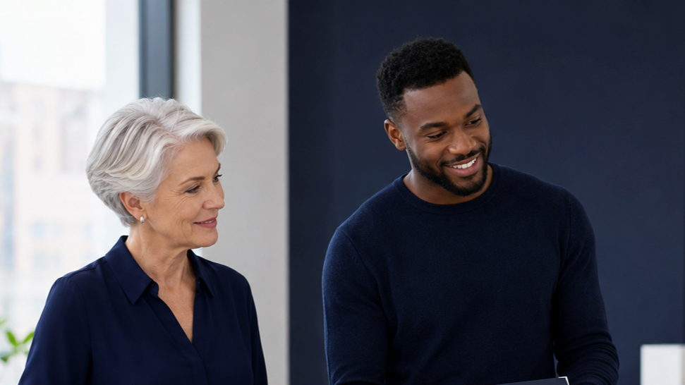 An elderly woman and a young man smiling and looking at each other indoors.