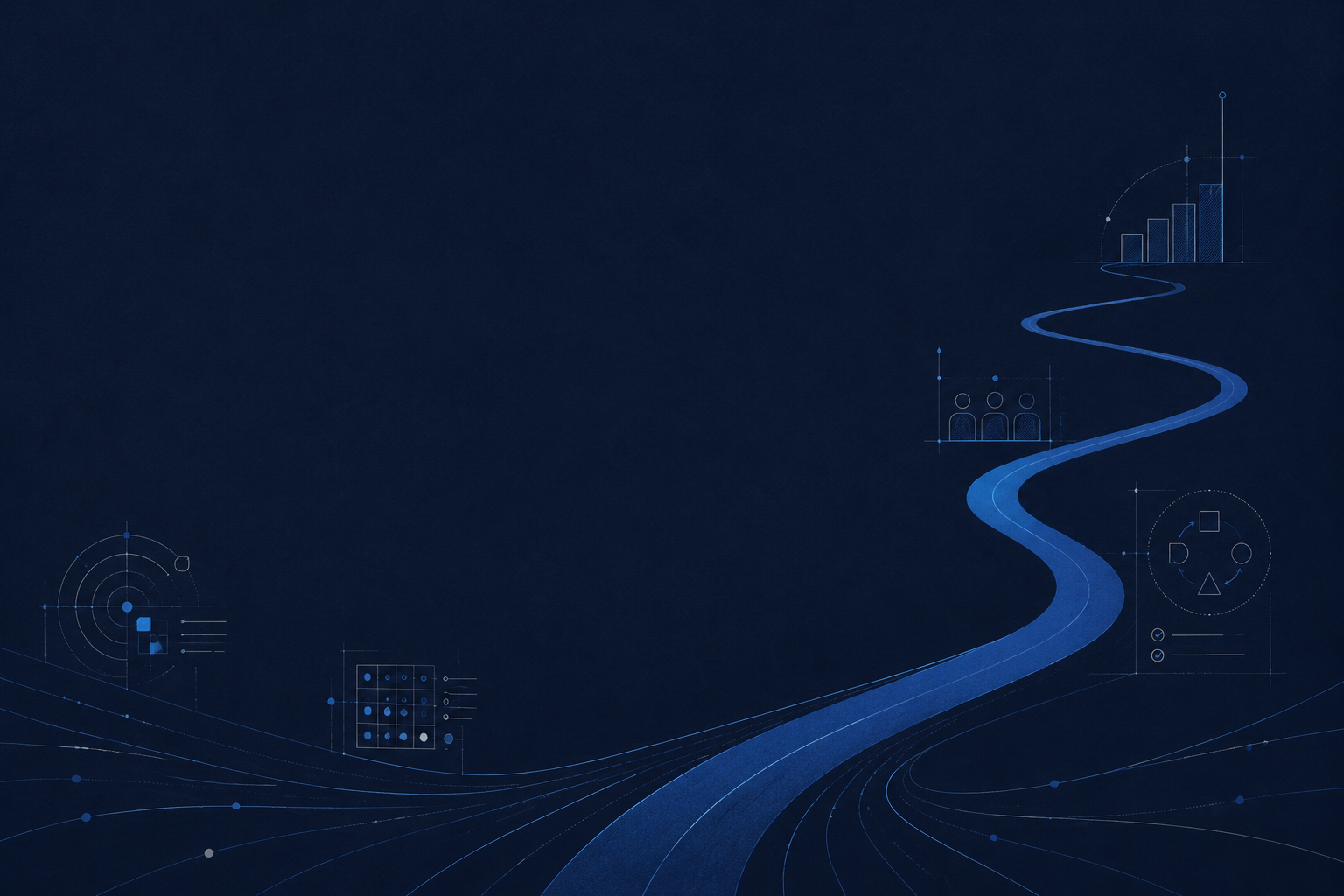 A dark blue digital background featuring a winding road or river, with various abstract data and graph icons illustrated along the path, including bar charts, user icons, and geometric shapes.