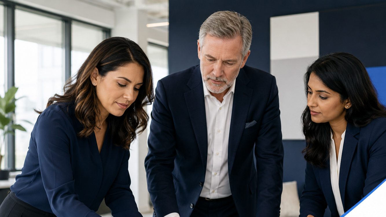 Three professionals in business suits discussing in a modern office conference room.