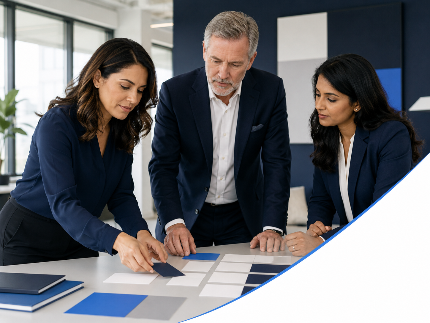 Three business professionals, two women and one man, are reviewing color samples and swatches on a table in a modern office.