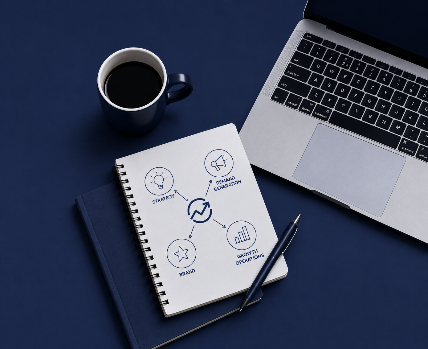 A laptop, a notebook with a diagram on it, a pen, a cup of black coffee, and a closed notebook on a blue desk.