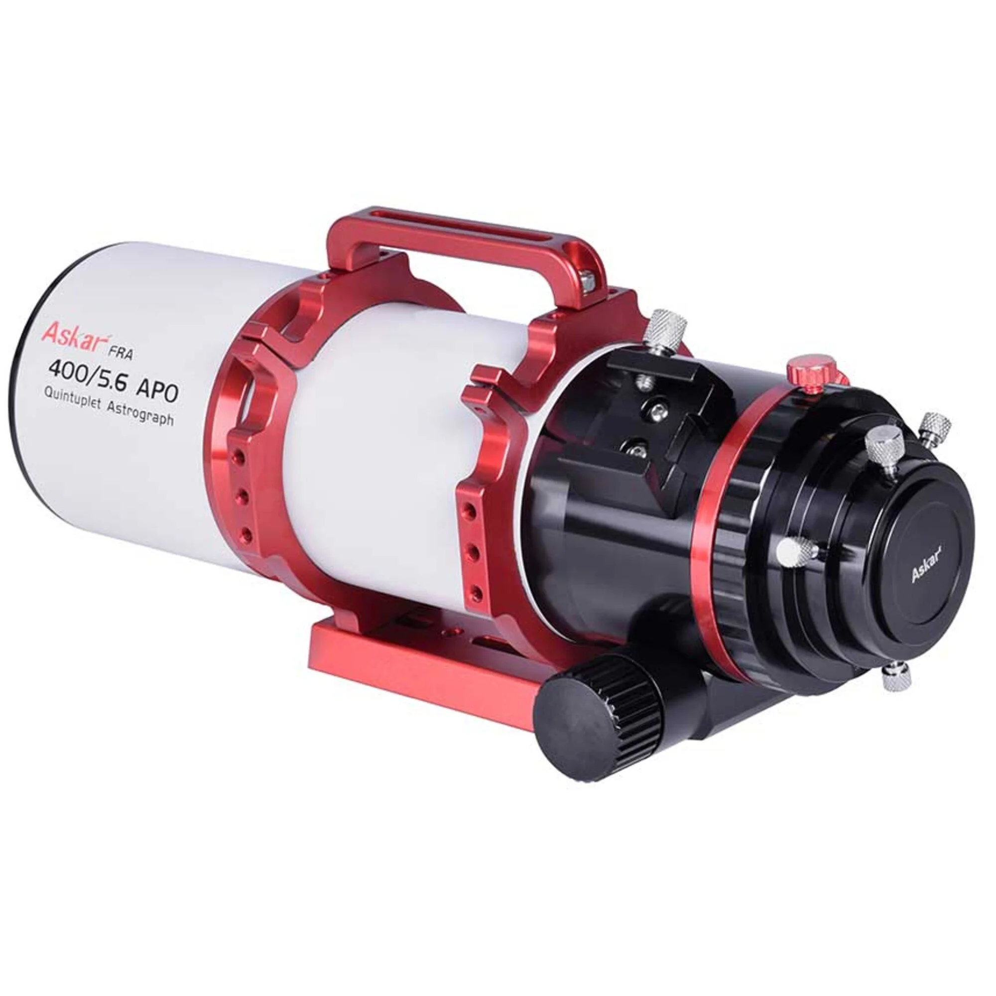 Askar 400/5.6 APO Quintuplet Astrograph telescope with red and black design.