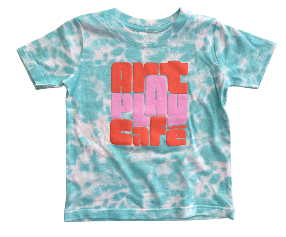 Tie-dye green Art Play Café t-shirt with logo design.