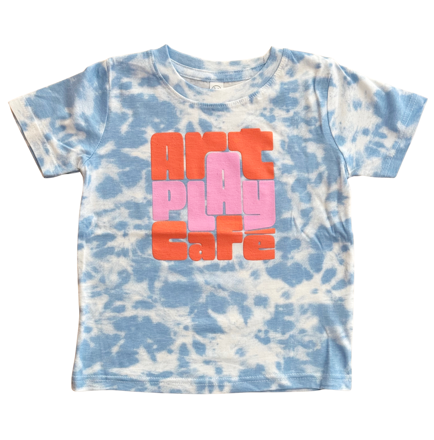 Tie-dye blue Art Play Café t-shirt with logo design.
