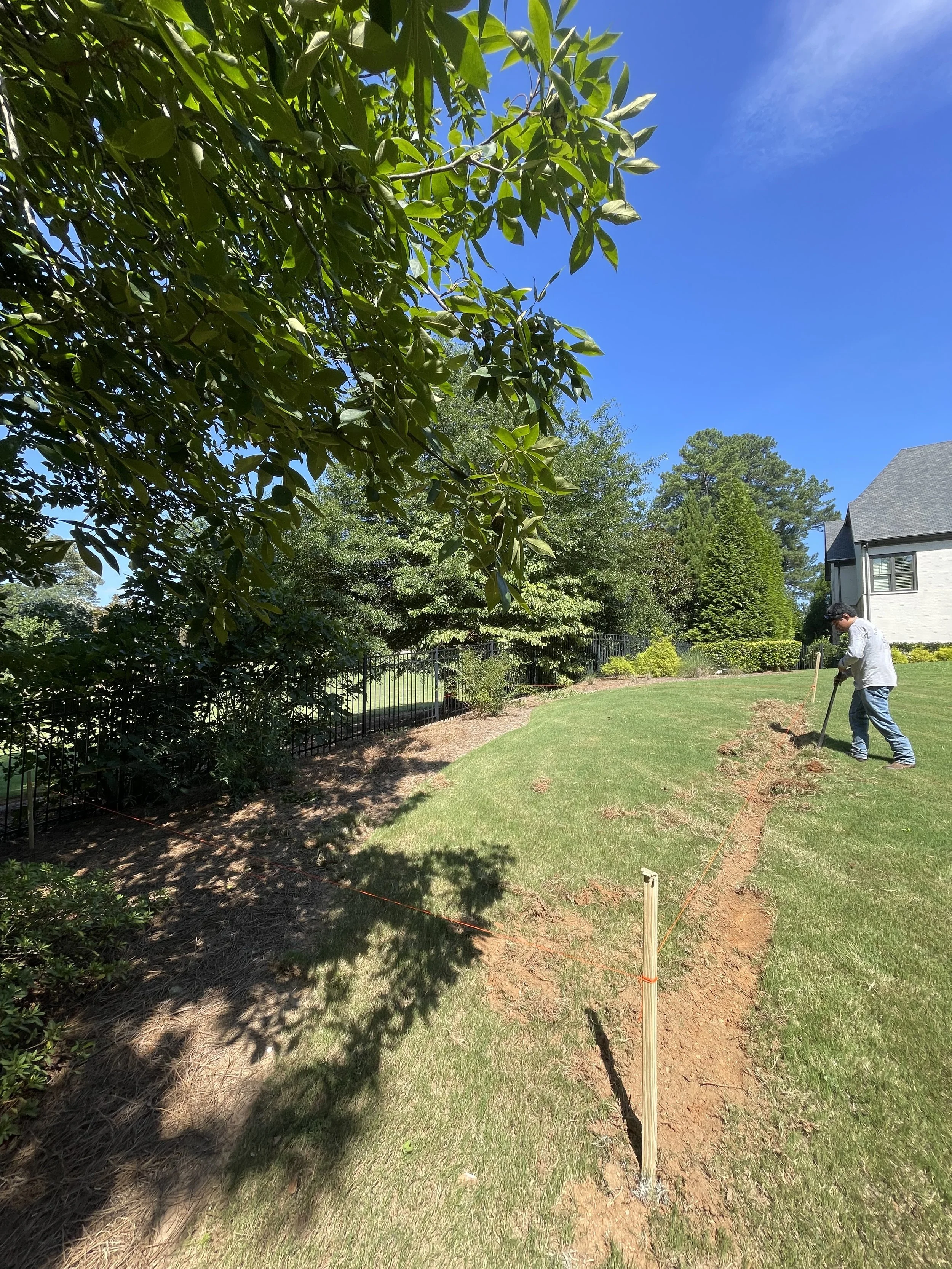 A person is working on a landscaping project, digging a trench along a marked line on a grassy lawn with a string. There are trees, shrubs, and a house in the background on a clear, sunny day.