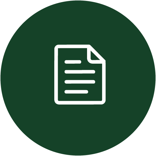Icon of a document or paper with lines, on a dark green circular background.