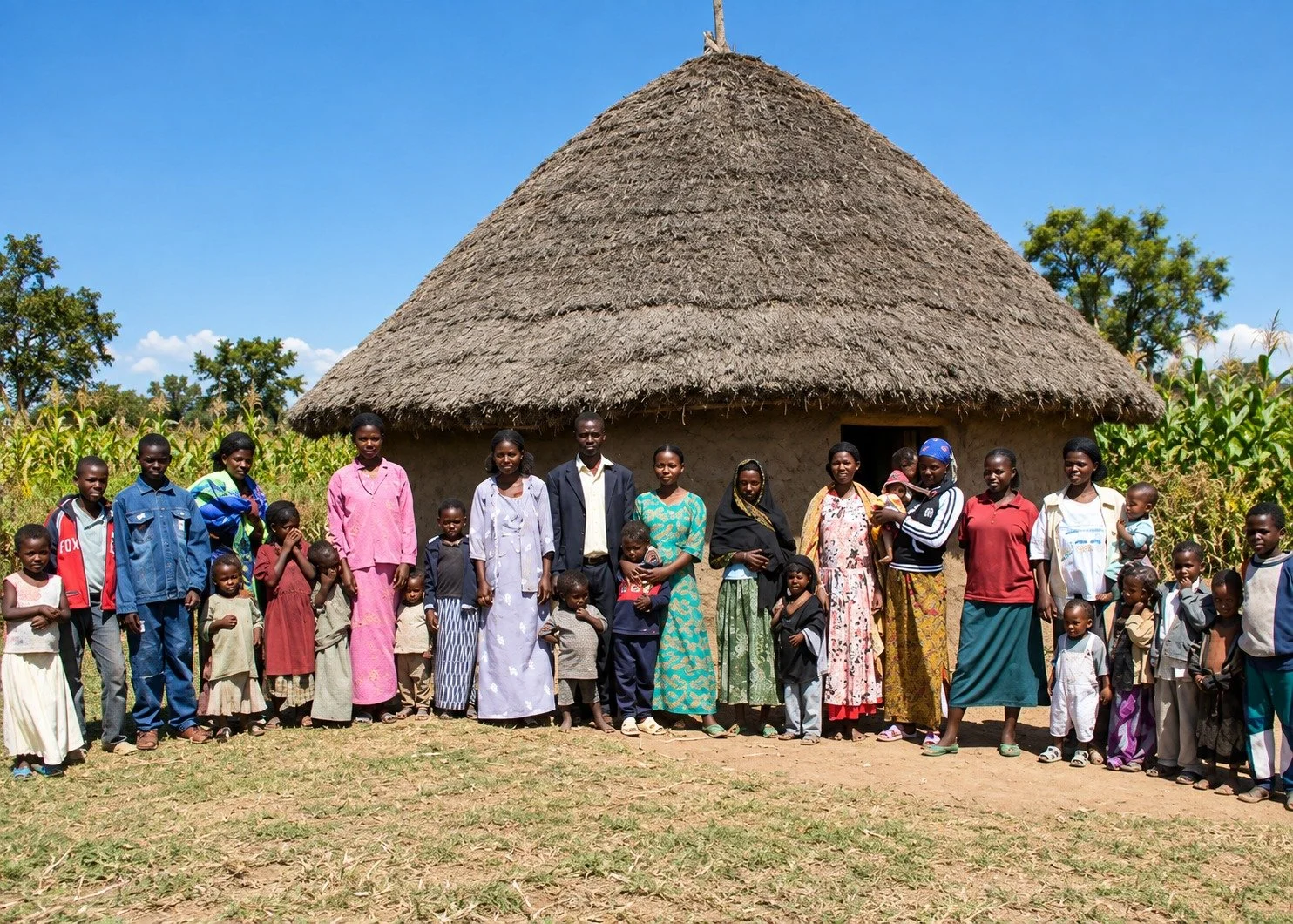A large group of people, including men, women, and children, standing in front of a round, thatched-roof hut in a rural setting with green crops and trees under a bright blue sky.