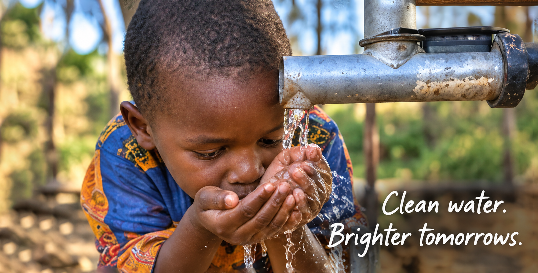 A young boy in a colorful shirt drinks water from his cupped hands coming from a metal pipe outdoors, with a background of trees and greenery. Text overlay says 'Clean water. Brighter tomorrows.'