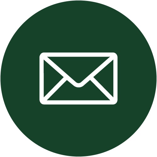 Icon of a white envelope on a dark green circular background, representing email or messaging.