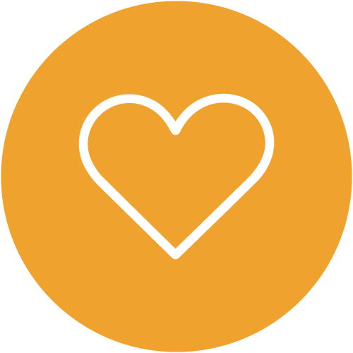 White outline heart inside an orange circle