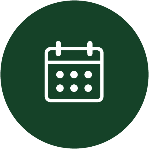 Icon of a calendar on a dark green circular background