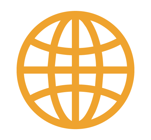 A gold globe icon with grid lines on a black background.