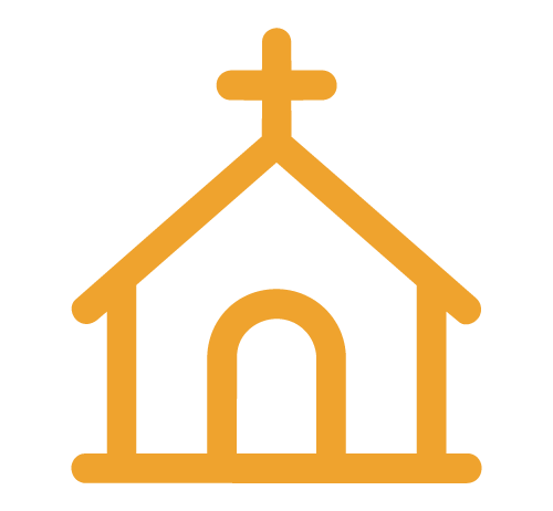 Outline of a church building with a steeple and cross on top, depicted in orange.