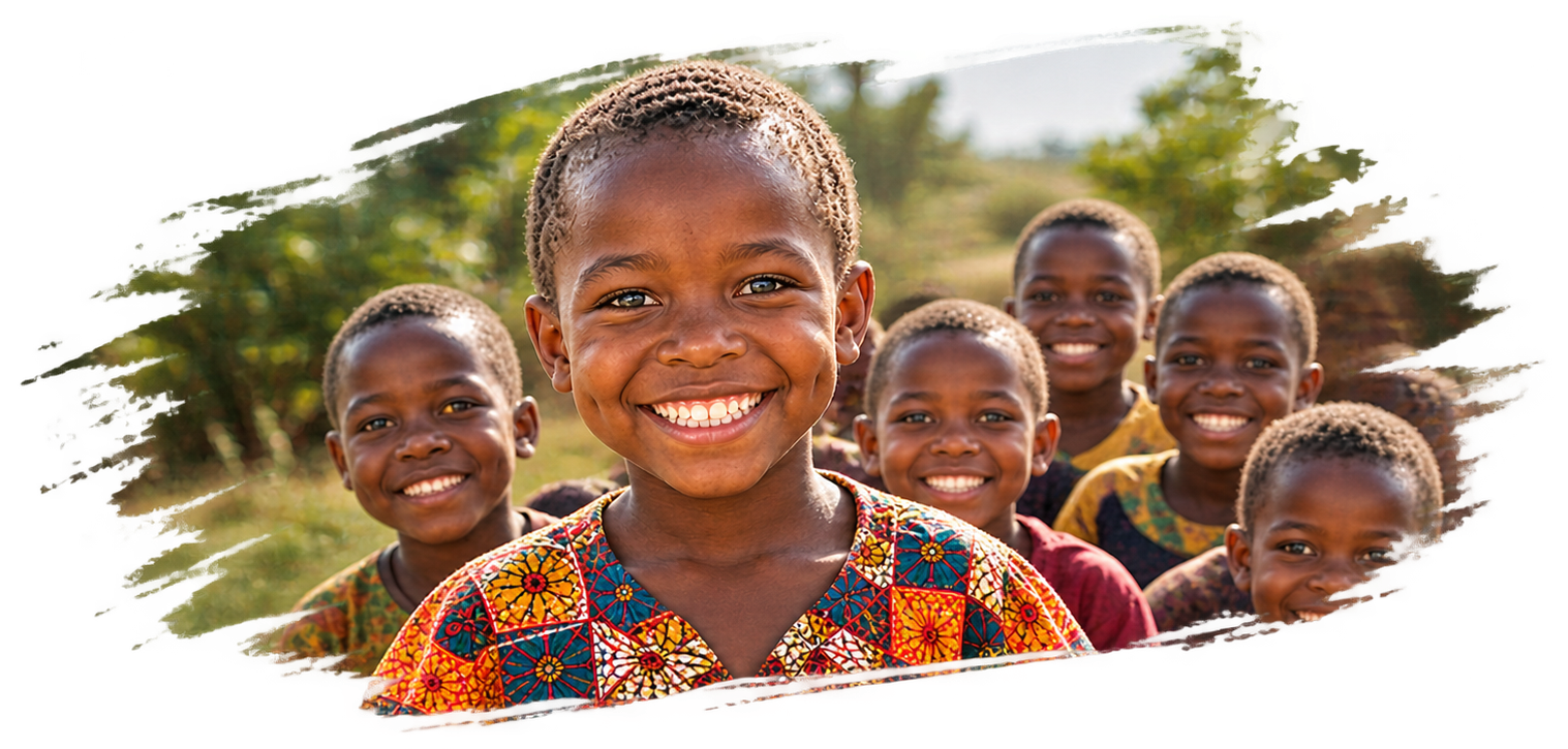 A group of smiling children standing outdoors, with one girl in the front wearing a colorful patterned shirt.