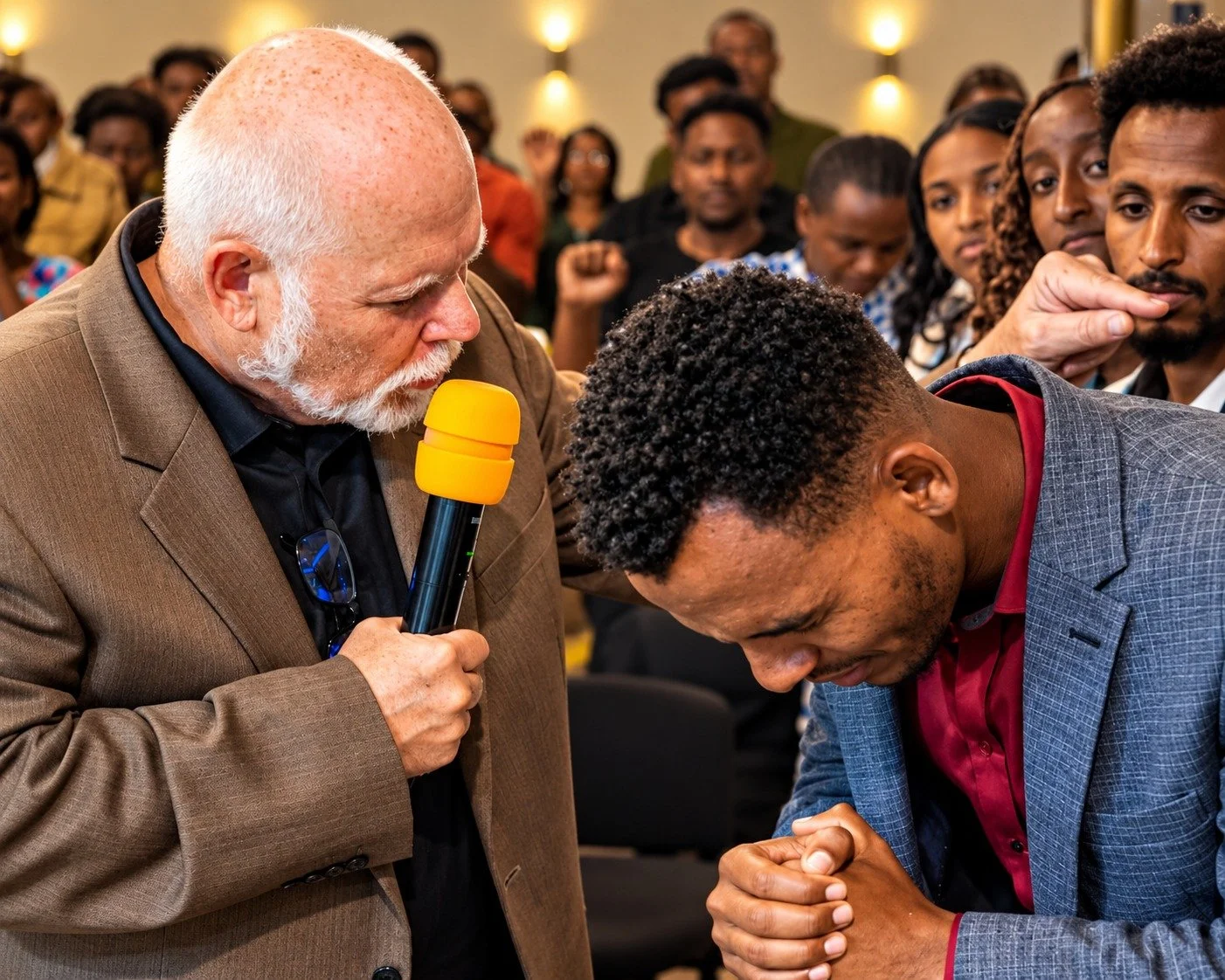 An older man with white hair and a beard holding a yellow microphone is praying with a young man in a gray plaid suit bowing his head and clasping his hands together. They are surrounded by a group of people in a room with warm lighting.