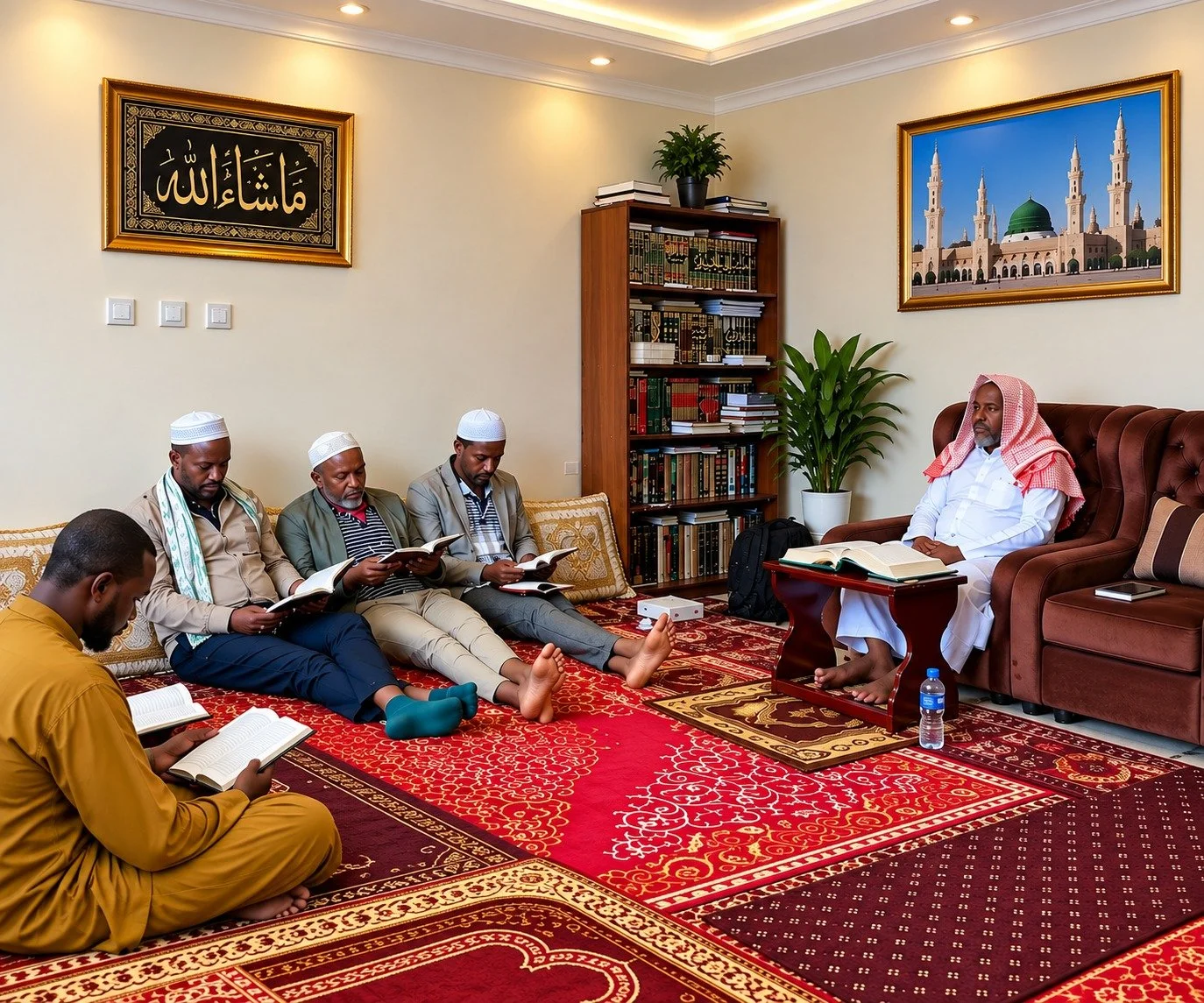A group of men, some wearing traditional Islamic attire, are seated on the floor and a sofa in a living room, reading religious texts. The room has framed Islamic calligraphy and a photo of a mosque on the wall, a bookshelf, and a potted plant.