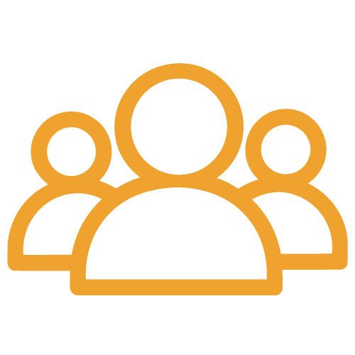 Icon of a group of three people in orange outline on a black background