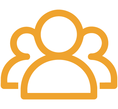 Outline icon of three people with one person in the foreground and two in the background, in orange color.