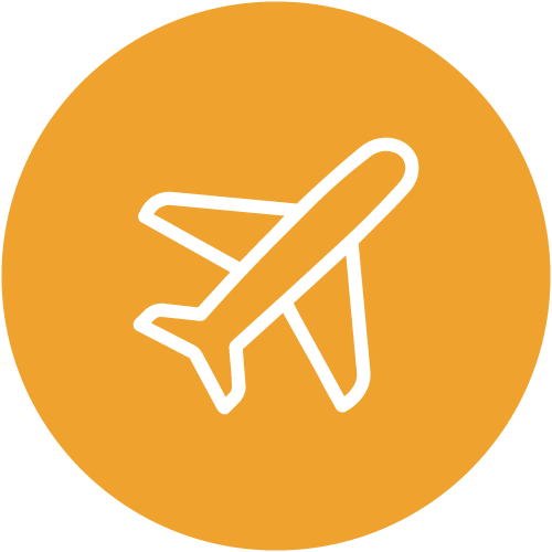 Icon of an airplane on an orange circular background.