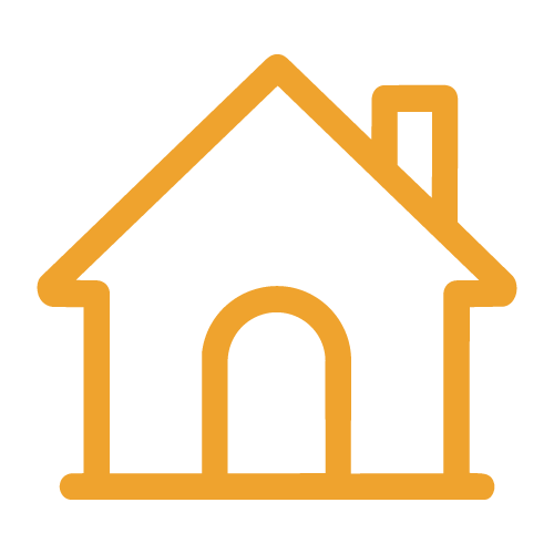 Outline of a house with a chimney on the right side, in a mustard color on a black background.