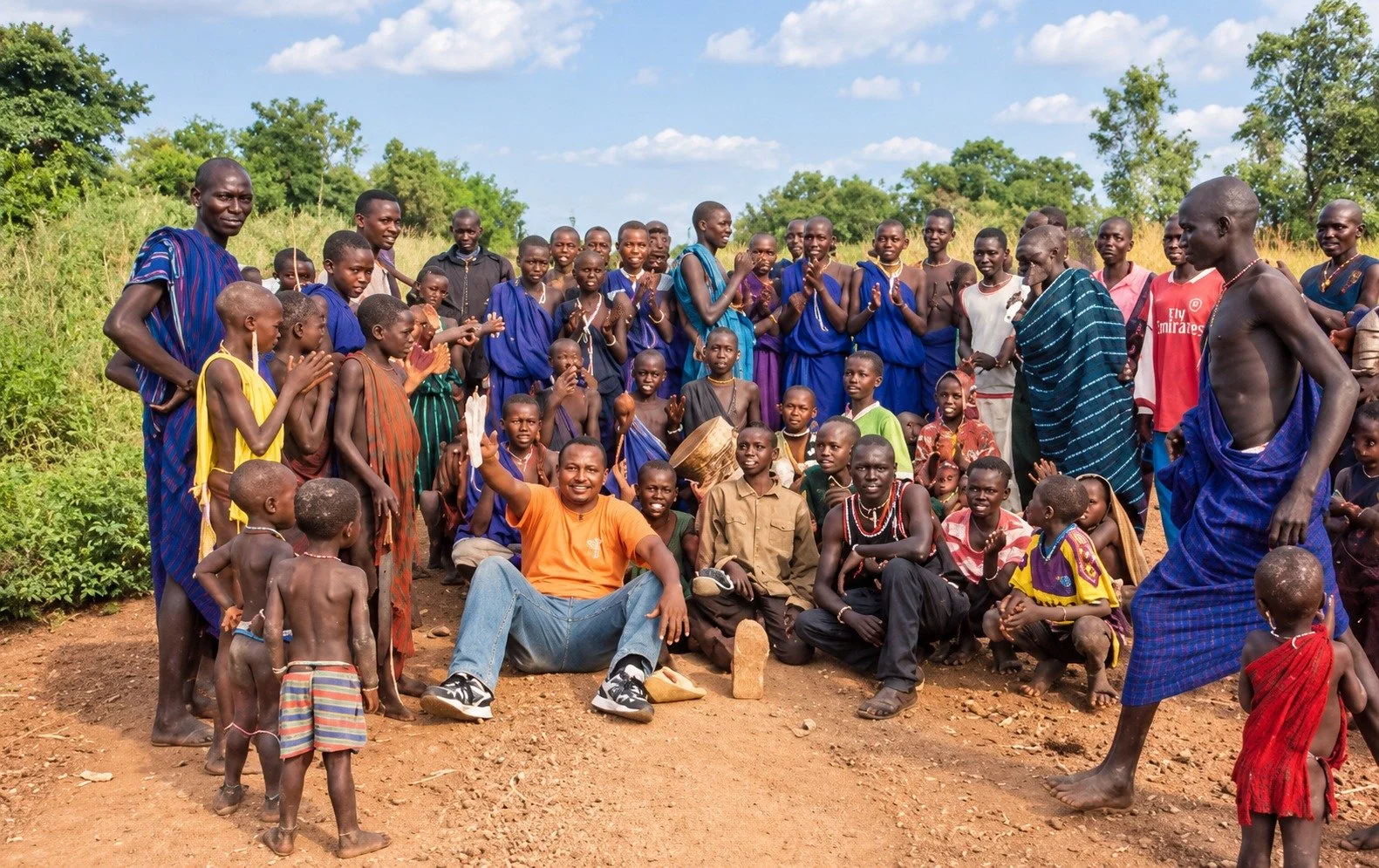 A group of people, including children and adults, gathered outdoors on a dirt field under a partly cloudy sky, some dressed in traditional blue attire, others in varied clothing, with greenery in the background.
