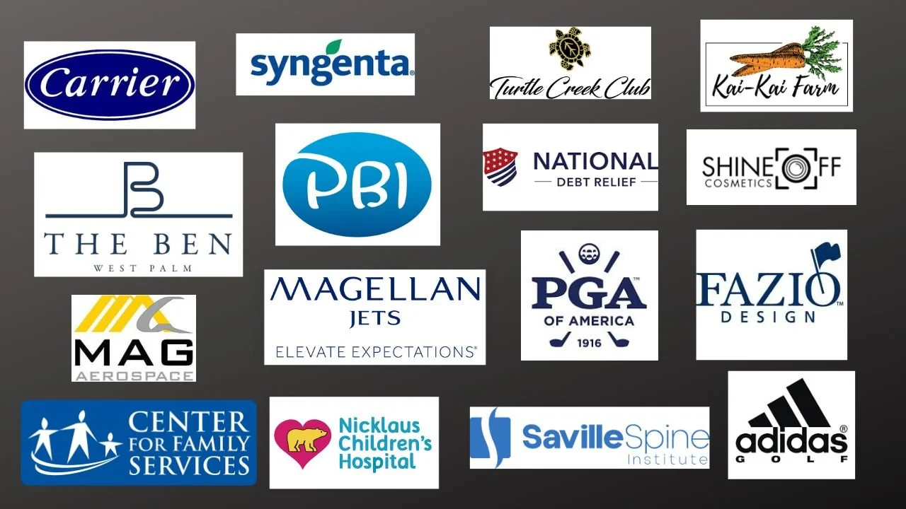 Collection of various logos, including Carrier, Syngenta, Turtle Creek Club, Kai-Kai Farm, The Ben West Palm, PBI, National Debt Relief, Shine Off Cosmetics, Magellan Jets, PGA of America, Fazio Design, AeroSpace MAG, Center for Family Services, Nicklaus Children's Hospital, Saville Spine Institute, and Adidas Golf.