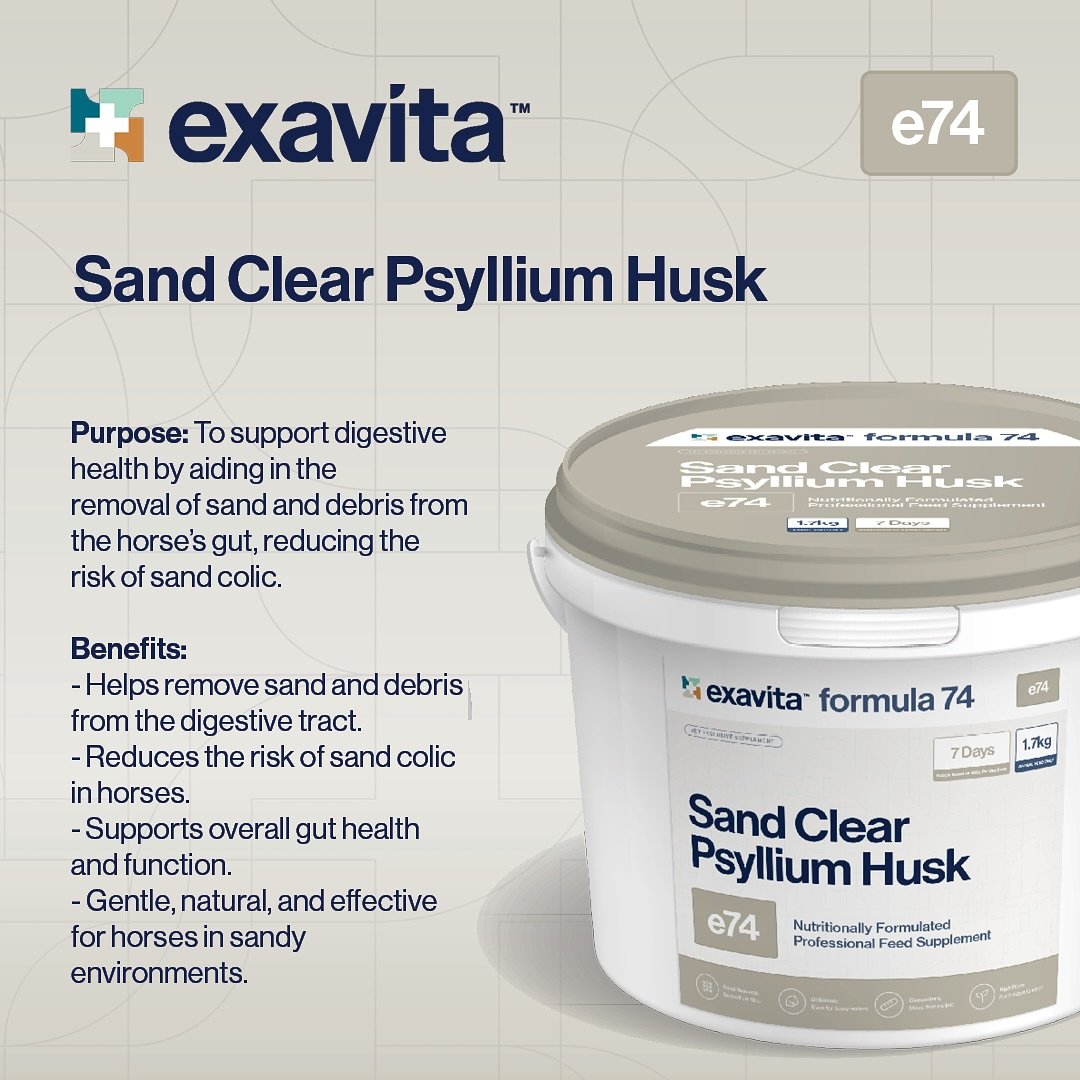 ⚪️ Exavita Formula 74 Sand Clear Psyllium Husk ⚪️ 

Formula 74 is a natural fiber-based supplement designed to clear sand and debris from the digestive tract, to support gut health and to promote overall digestive well-being in horses.

▫️ Key Ingr