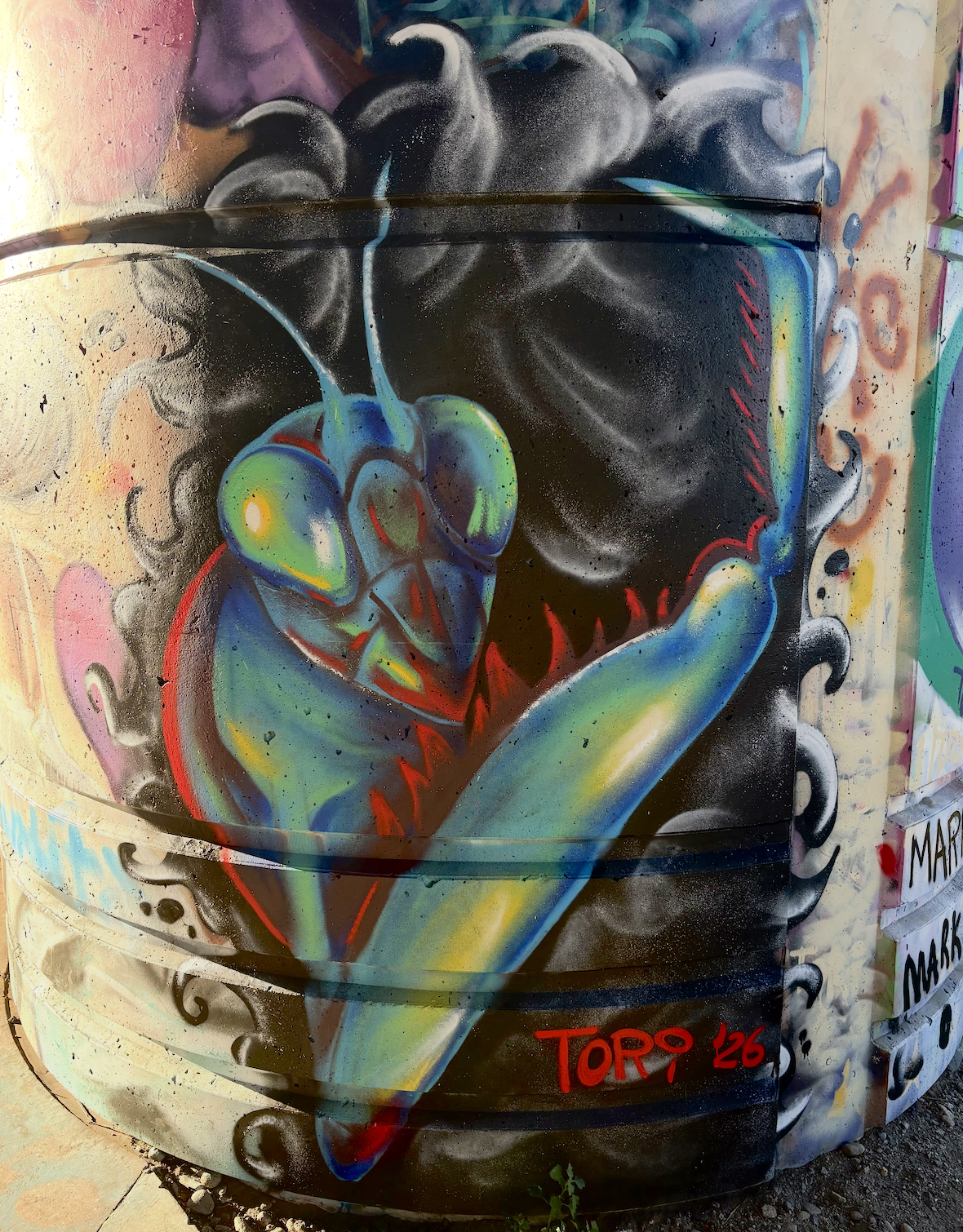 Praying, Mantis. - Charles River Conservancy's Graffiti/Street Artist in Residence 2026 at Lynch Family Skate Park, Cambridge, MA