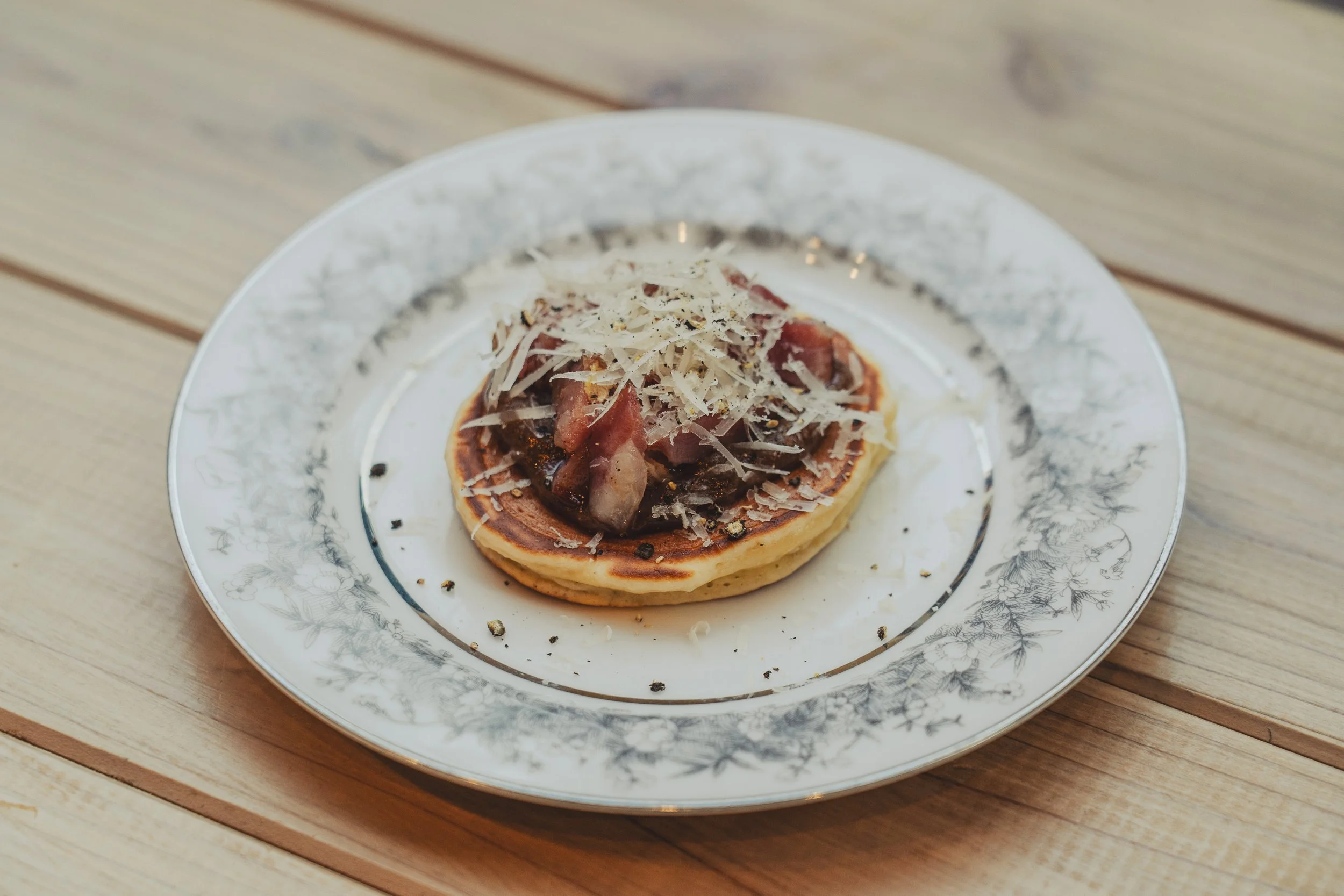 bacon, date jam, Grana Padano, mini pancake  