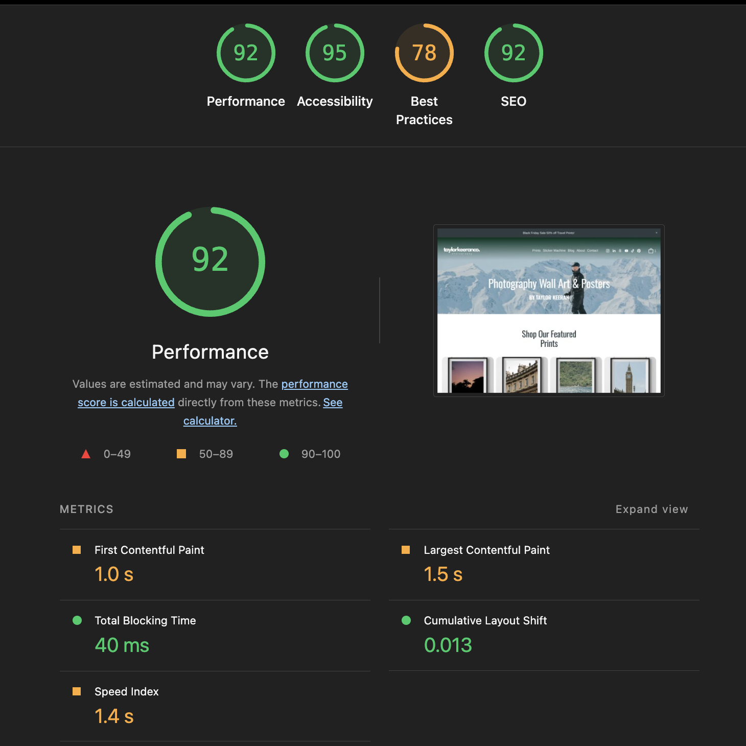 Example screenshot of the site speed on taylorkeeranco